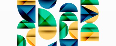 Soyut geometrik bileşim. Şekiller örtüşüyor, canlı renk blokları oluşturuyor. Modern tasarım, temiz çizgiler, minimalist estetik.