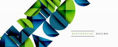 Soyut geometrik şekiller örtüşür, dinamik bileşim yaratır. Mavi, yeşil renkler beyaz arkaplana hakim. Modern tasarım ögesi.
