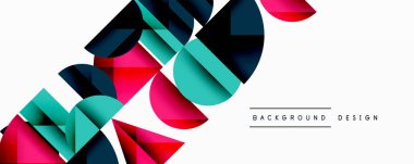 Soyut geometrik şekiller örtüşür, dinamik bileşim yaratır. Renkler kırmızı, deniz mavisi, deniz mavisi, beyaz. Arka planlar için modern tasarım ögesi.