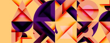 Soyut geometrik bileşim. Turuncu, mor, kırmızı şekiller kesişiyor. Modern tasarım, canlı renkler, dinamik desen.