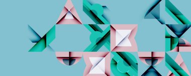 Soyut geometrik şekiller, deniz mavisi ve pembe renkler, katmanlı kompozisyon. Minimalist tasarım, modern estetik, havalı tonlar hakim.