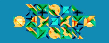 Soyut geometrik şekiller, canlı renkler, mavi arkaplan. Kompozisyon tekrarlayan desenler, dinamik biçimler, modern tasarım elementleri içerir.