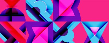 Soyut geometrik şekiller, canlı renkler, pembeler, maviler, morlar. Modern dijital sanat kompozisyonu, dinamik görsel desen.