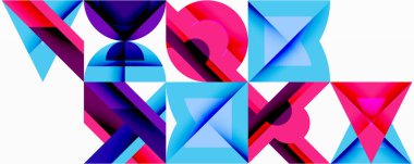 Soyut geometrik şekiller örtüşür, canlı renkli desenler yaratır. Kompozisyon üçgenler, daireler, kareler, dikdörtgenler.