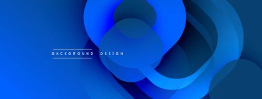 Soyut mavi katmanlar dinamik bileşim yaratır. Üst üste binen şekiller derinliği gösteriyor, modern estetiği. Minimum metin arkaplan tasarımı okur.