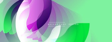 Soyut akışkan şekiller, canlı renkler, modern tasarım. Yeşil, mor, beyaz katmanlar dinamik görsel efekt yaratır. Yumuşak gradyanlar.