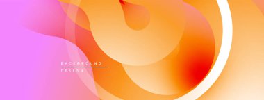 Soyut sıvı şekiller, canlı renklerin karışımı. Turuncu, pembe renkler dizaynın hakimi. Yumuşak gradyanlar dinamik görsel efekt yaratır.