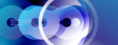 Soyut akışkan şekiller, daireler, gradyanlar modern arkaplan oluşturur. Mavi renkler kompozisyonda baskın, dinamik görsel efekt sunuyor.