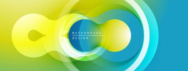 Soyut renkli tasarım. Üst üste binen daireler dinamik görsel efekt yaratır. Sarı, yeşil, mavi renkler arasındaki değişimler. Modern arkaplan dokusu.