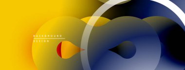 Soyut tasarım özellikleri üst üste binen daireler, gradyanlar. Sarı, lacivert, beyaz renkler dinamik görsel efekt yaratır. Modern arkaplan dokusu.