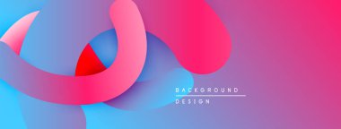 Soyut akışkan şekiller, canlı renklerin karışımı. Pembe, kırmızı, mavi gradyanlar dinamik kompozisyon oluşturur. Modern tasarım ögesi.