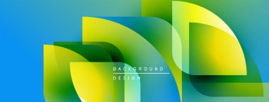 Soyut geometrik şekiller örtüşür, canlı gradyanlar yaratır. Mavi, yeşil, sarı renkler tasarımda baskın. Modern estetik.
