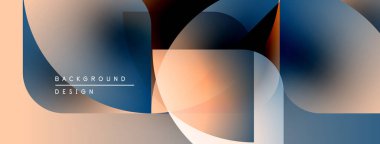 Soyut geometrik şekiller üst üste binerek modern tasarım yaratıyor. Yumuşak renk paleti turuncu, mavi, bej renkleri içerir. Minimalist kompozisyon.