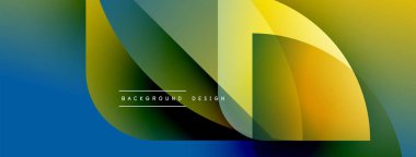 Soyut geometrik şekiller çakışıyor. Renkler mavi, yeşil, sarı, turuncu. Metin arka plan tasarımı okur. Modern görsel kompozisyon.