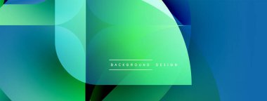 Soyut gradyanlar harmanlanarak geometrik şekiller oluşturur. Canlı maviler, yeşiller kompozisyona hakim. Dijital projeler için modern tasarım ögesi.
