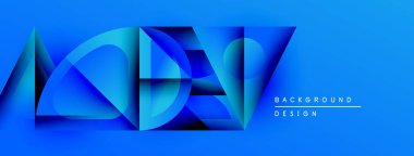 Soyut mavi geometrik şekiller kesişir. Gradyan renkler derinlik yaratır, arka planlar için modern tasarım ögesi. Metin arkaplan tasarımı okur.
