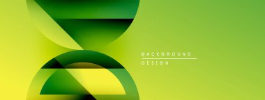 Soyut geometrik şekiller örtüşüyor, canlı yeşil, sarı renkler yaratıyor. Metin elementli minimalist tasarım. Modern estetik.