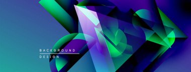 Soyut geometrik şekiller canlı mavileri, yeşillikleri, morları harmanlarlar. Dinamik kompozisyon modern arkaplan tasarımı yaratır. Yumuşak gradyanlar görsel derinliği artırır.