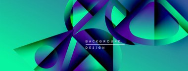 Soyut enerjik tasarım. Üst üste binen şekiller dinamik bileşim yaratır. Turkuaz, mor renkler görsel alana hakim. Modern estetik.