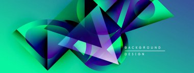 Soyut geometrik şekiller örtüşüyor, canlı deniz mavisi ve mor renkler yaratıyor. Modern tasarım elementleri dinamik hareket, derinlik.