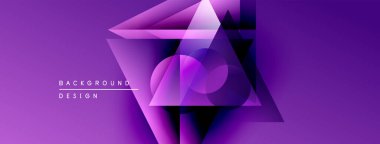 Soyut mor tasarım üst üste binen geometrik şekiller içerir. Daireler, üçgenler dinamik görsel efekt yaratır. Modern, canlı arkaplan.
