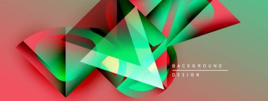 Soyut geometrik şekiller örtüşüyor, canlı renk eğimleri yaratıyor. Kırmızı, yeşil, siyah baskın tasarım, derinlik, hareket.