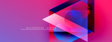 Soyut geometrik şekiller örtüşüyor, canlı renk eğimleri yaratıyor. Mor, mavi, pembe renkler tasarımda baskın. Modern estetik.