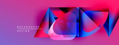 Soyut geometrik şekiller örtüşüyor, canlı renk eğimleri yaratıyor. Pembe, mavi, mor renkler tasarımda baskın. Modern estetik.