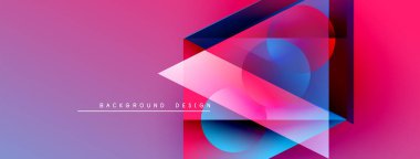 Soyut geometrik şekiller örtüşüyor, canlı pembe ve mavi renkler yaratıyor. Metin arka plan tasarımı okur. Modern görsel kompozisyon.