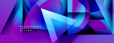 Soyut geometrik şekiller canlı mor, mavi renkleri harmanlarlar. Dinamik kompozisyon modern arkaplan tasarımı yaratır. Yumuşak eğimler görsel derinlik sunar.