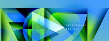 Soyut geometrik şekiller canlı mavileri, yeşillikleri harmanlarlar. Gradyan renkler dinamik görsel efekt yaratır. Arka planlar için modern tasarım ögesi.