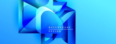 Soyut mavi geometrik şekiller dinamik arkaplan yaratır. Gradyan etkisi derinlik ve modern hissi arttırır. Metin arkaplan tasarımı okur.