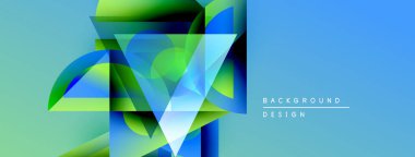 Soyut geometrik şekiller mavi ve yeşil renkleri harmanlarlar. Modern tasarım katmanlı üçgenler, gradyanlar içerir. Minimalist metin arkaplan tasarımı okur.