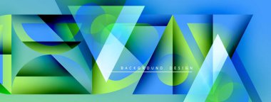 Soyut geometrik şekiller, canlı maviler, yeşiller dinamik arkaplan oluşturur. Modern tasarım elementleri yenilik ve enerji öneriyor.