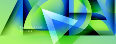 Soyut geometrik şekiller örtüşüyor, canlı yeşil, mavi renkler yaratıyor. Modern tasarım elementleri dinamik görsel deneyim önerir.