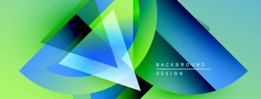 Soyut geometrik şekiller örtüşüyor, canlı yeşil, mavi renkler yaratıyor. Modern tasarım elementleri dinamik hareket, görsel enerji.