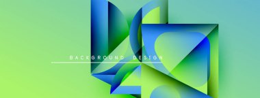 Soyut geometrik şekiller örtüşür, canlı gradyanlar yaratır. Açık yeşil arkaplan mavi ve sarı renkleri tamamlar. Modern tasarım ögesi.