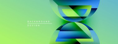 Soyut geometrik şekiller örtüşür, dinamik görsel efekt yaratır. Renkler yeşilden maviye karışıyor. Modern tasarım ögesi.