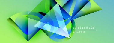 Soyut geometrik şekiller örtüşür, dinamik görsel efekt yaratır. Parlak maviler, yeşiller kompozisyona hakim. Modern tasarım ögesi.