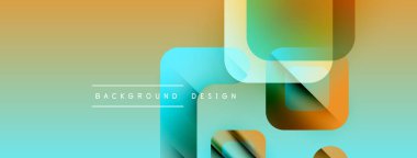 Soyut geometrik şekiller örtüşüyor, canlı renk eğimleri yaratıyor. Turkuaz, turuncu, sarı renkler tasarımda baskın. Minimalist metin mevcut.