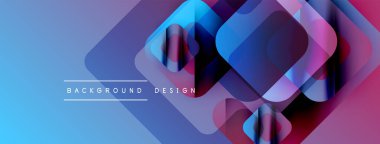 Soyut geometrik şekiller örtüşür, parlak mavi ve mor renkler yaratır. Modern tasarım elementleri teknoloji ve yenilik öneriyor.
