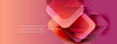 Soyut geometrik şekiller örtüşür, canlı bir gradyan arkaplan oluşturur. Şeftali, pembe, kırmızı renkler tasarımda baskın. Modern estetik.