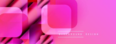 Soyut pembe dizayn özellikleri üst üste binen kareler, dikdörtgenler. Gradyan gölgeler dinamik görsel efekt yaratır. Metin arkaplan tasarımı okur.