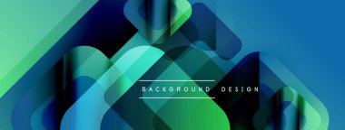 Soyut geometrik şekiller örtüşür, canlı gradyanlar yaratır. Mavi, yeşil renkler tasarıma egemen, modern estetik. Metin arkaplan tasarımı okur.