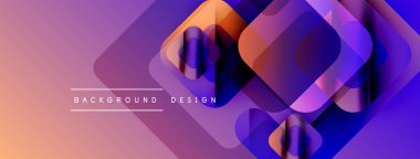 Soyut geometrik tasarım. Üst üste binen kareler dinamik görsel efekt yaratır. Renkler mor, turuncu ve mavi renkleri harmanlıyor. Modern arkaplan dokusu.