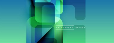 Soyut geometrik şekiller örtüşür, canlı bir gradyan arkaplan oluşturur. Mavi, yeşil renkler kompozisyona hakim. Modern tasarım ögesi.