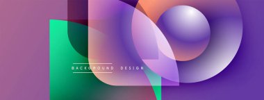 Soyut geometrik şekiller örtüşüyor, canlı mor ve yeşil renkler yaratıyor. Modern tasarım elementleri akıcılık ve derinlik öneriyor. Arkaplan özellikleri metin.