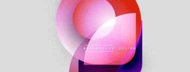 Soyut şekiller örtüşüyor, canlı renk değişimleri yaratıyor. Pembe, kırmızı, mor renkler nötr arkaplana hakim. Modern tasarım ögesi.