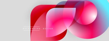 Soyut tasarım özellikleri üst üste binen pembe, kırmızı, mavi şekiller. Gradyan efektli modern arkaplan, basit metin etiketi mevcut.