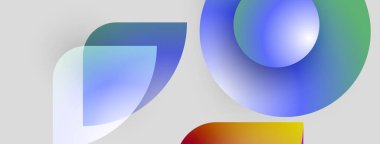 Soyut şekiller örtüşüyor, canlı renk değişimleri yaratıyor. Mavi, yeşil, kırmızı ve sarı ipuçlarıyla egemen. Modern tasarım, temiz estetik.